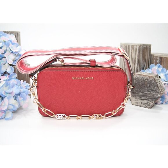 Michael Kors Red Leather Jet Set Small Double Zip Chain Camera Crossbody Bag NWT - Picture 1 of 8